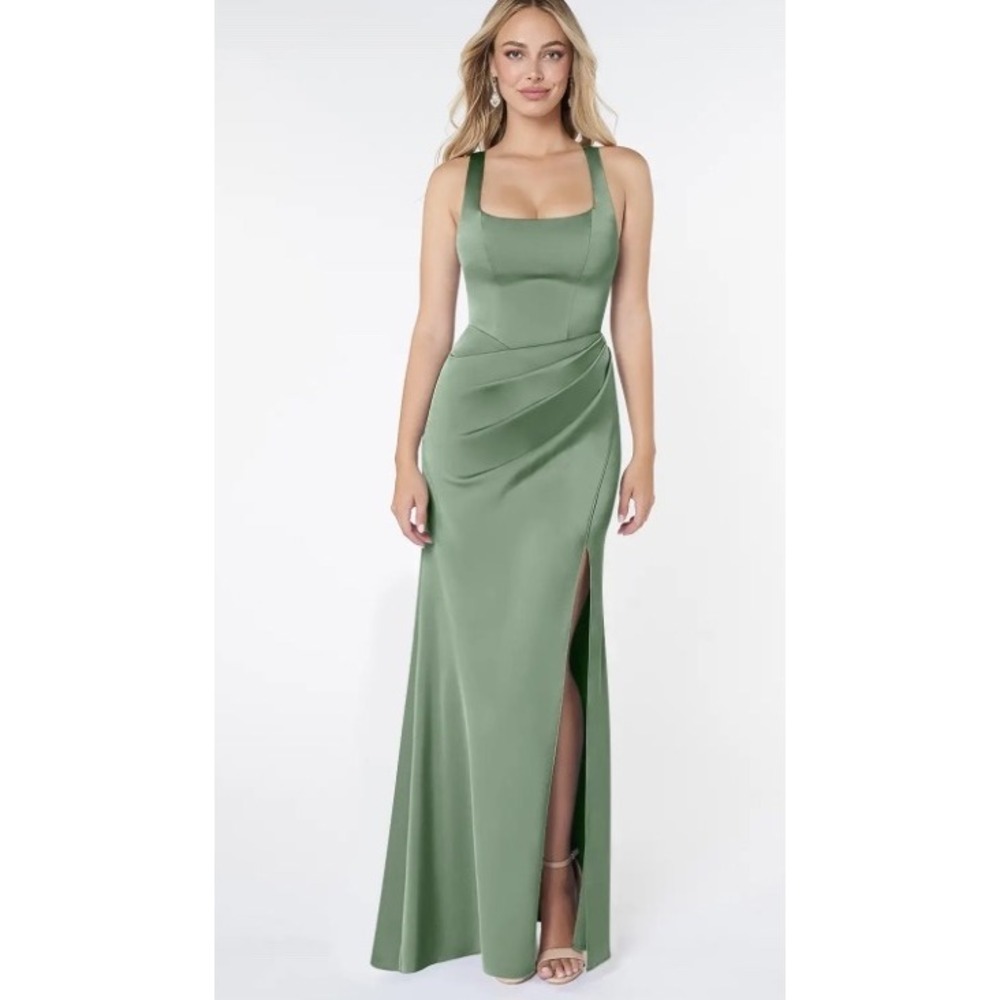Azazie Sage Green Satin Square-Neck Wedding Dress